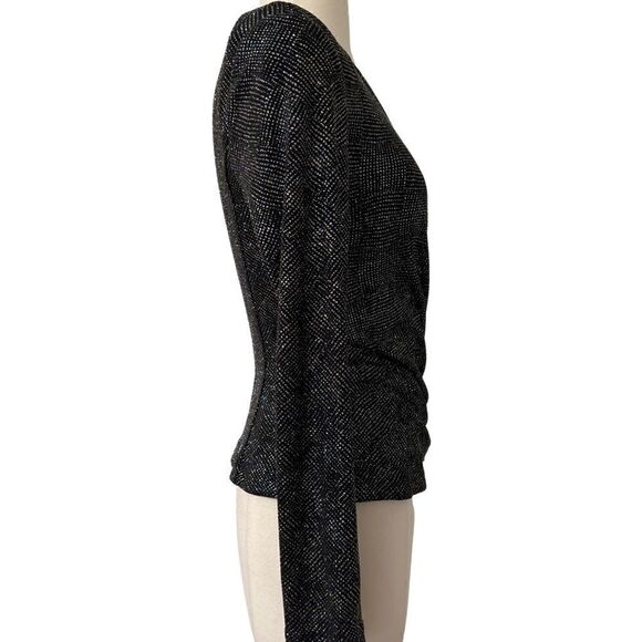 Peak 90s Gal Rainbow Metallic Sparkle Ruched Surplice V-neck Long Sleeve Blouse - Picture 4 of 7